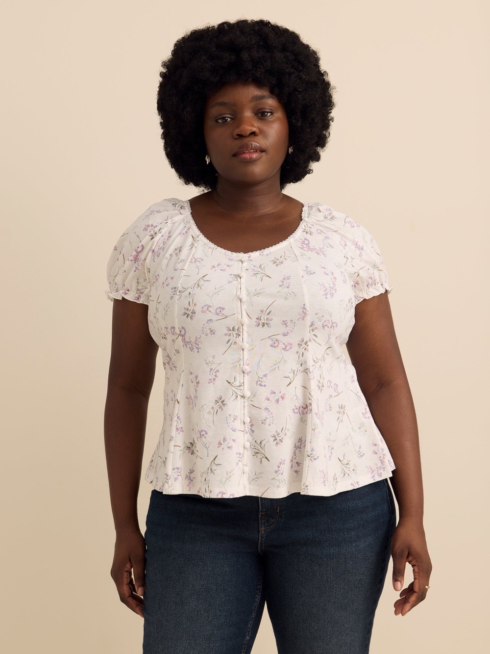 Flared Top with Puff Sleeves - Wind Flower Cream